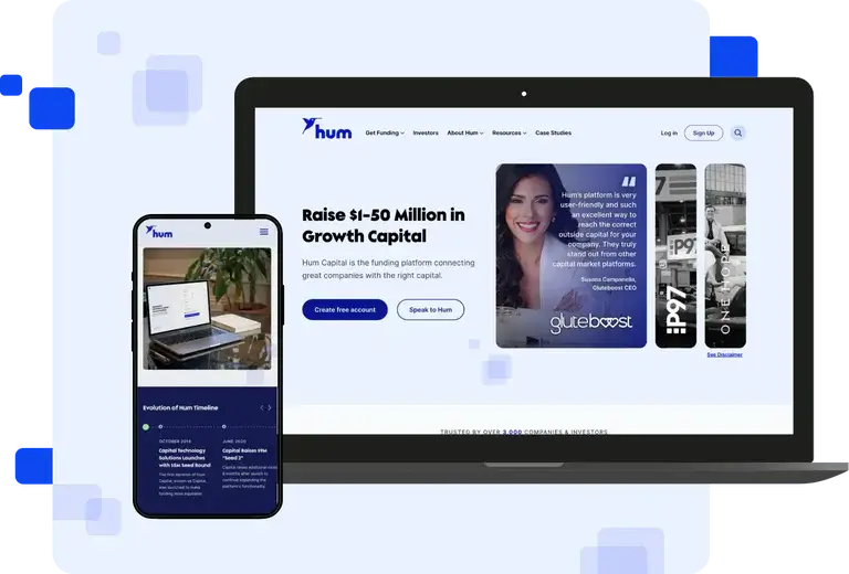 Hum Capital funding platform website on laptop and mobile devices