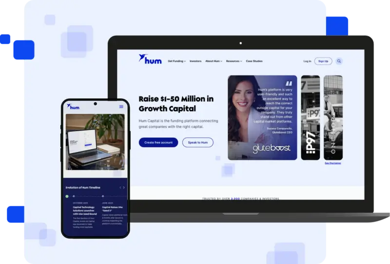 Hum Capital funding platform website on laptop and mobile devices