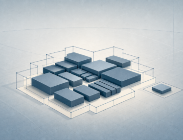 Abstract blue modules within a measured WordPress project scope, with a separate module representing controlled changes.