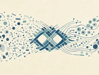 Abstract biotech illustration of scattered scientific shapes converging into a woven lattice, symbolizing clear, structured website design.