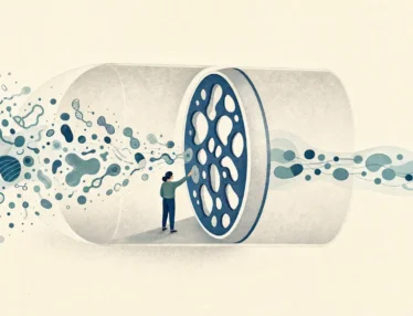 A small figure stands beside a porous cylinder filtering scattered teal signals into an organized stream, symbolizing AI-powered growth tools for biotech CMOs.