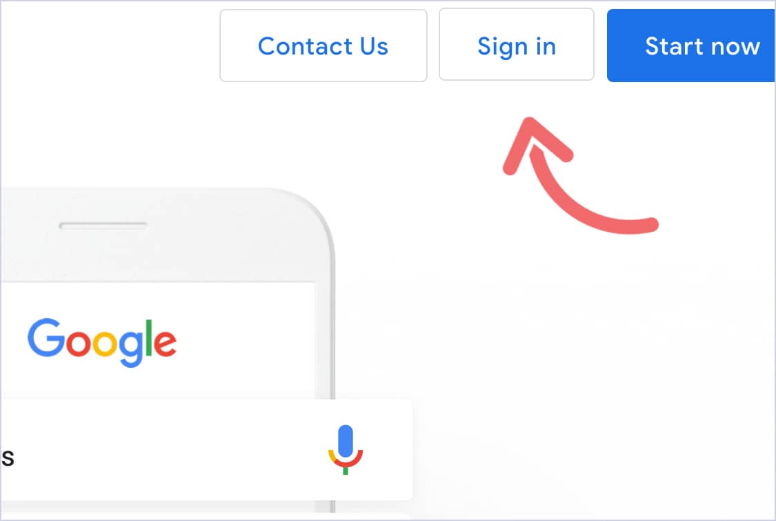 Google Ads homepage with the Sign in button highlighted in the top navigation.