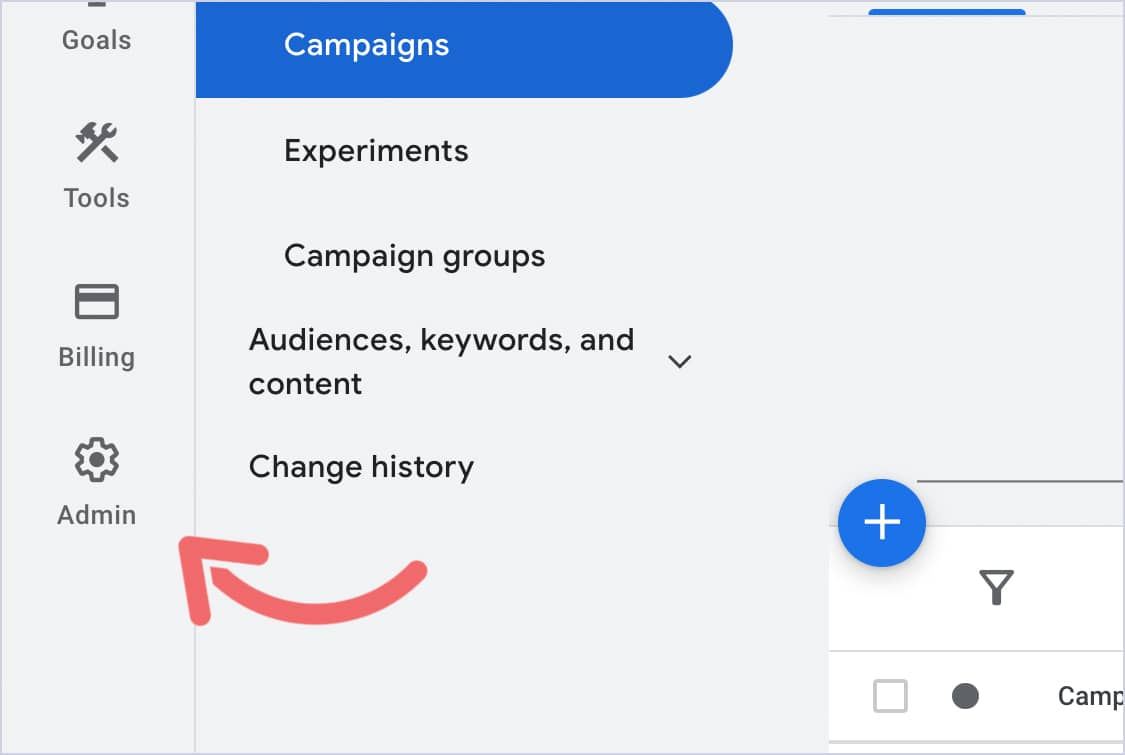 Google Ads left navigation menu with the Admin gear icon highlighted.