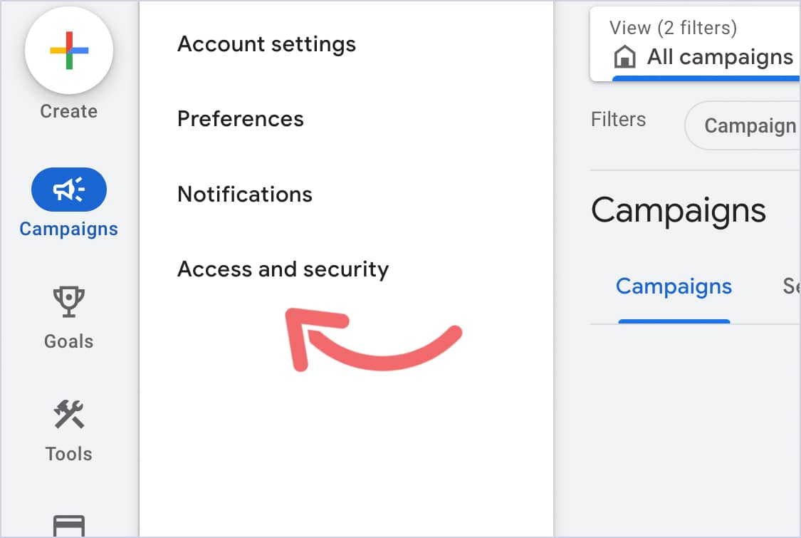 Google Ads Admin menu with the Access and security option highlighted.