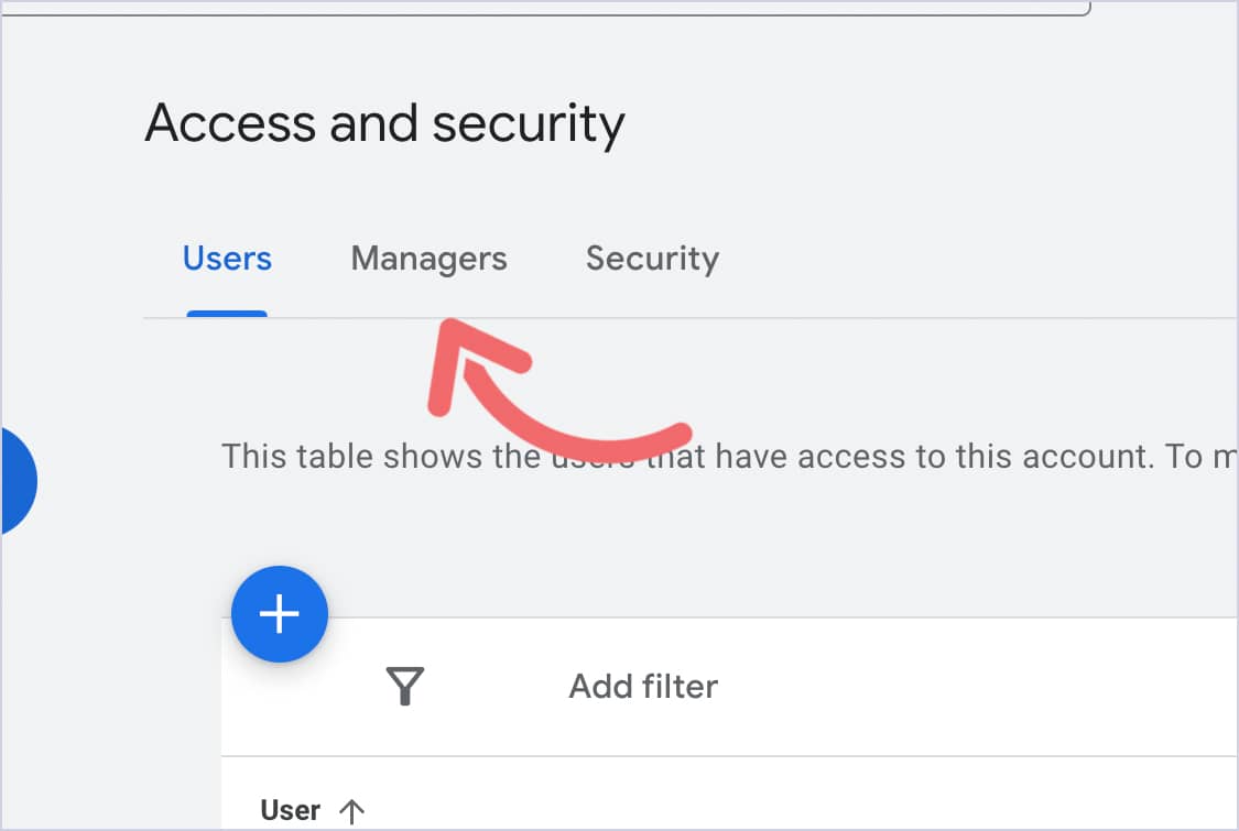 Google Ads Access and security page with the Managers tab highlighted.