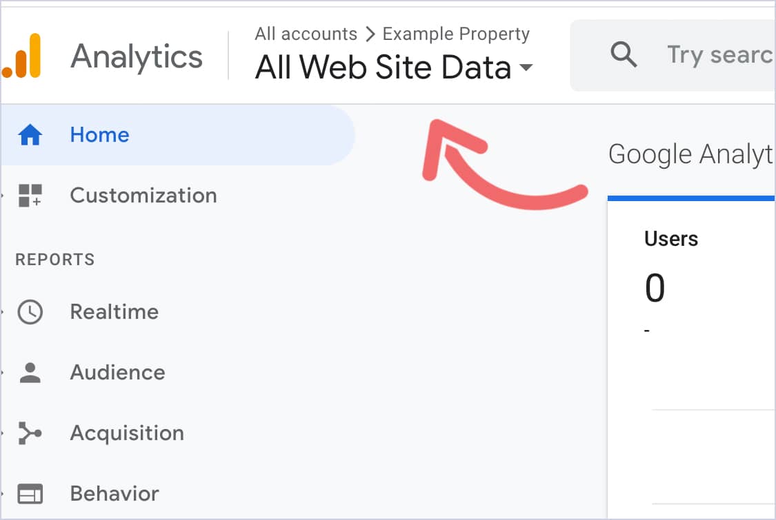 Google Analytics home dashboard showing the property and account selector at top.