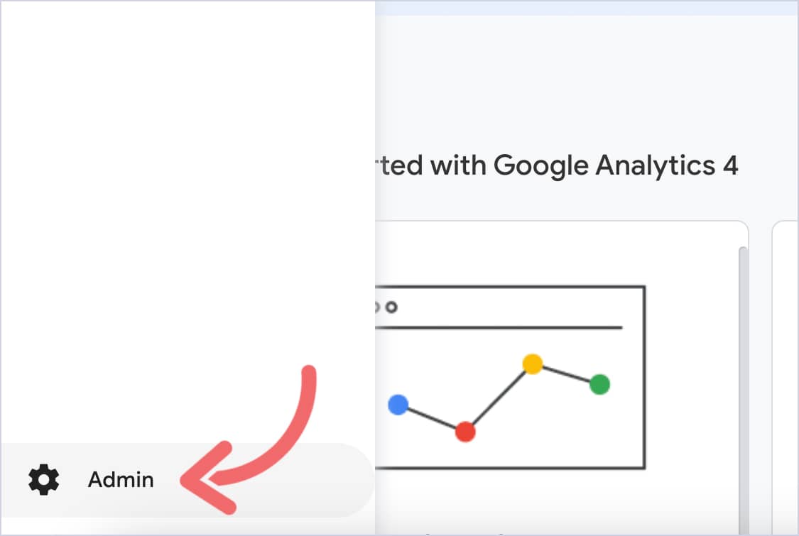 Google Analytics 4 welcome screen with the Admin gear icon highlighted at bottom left.