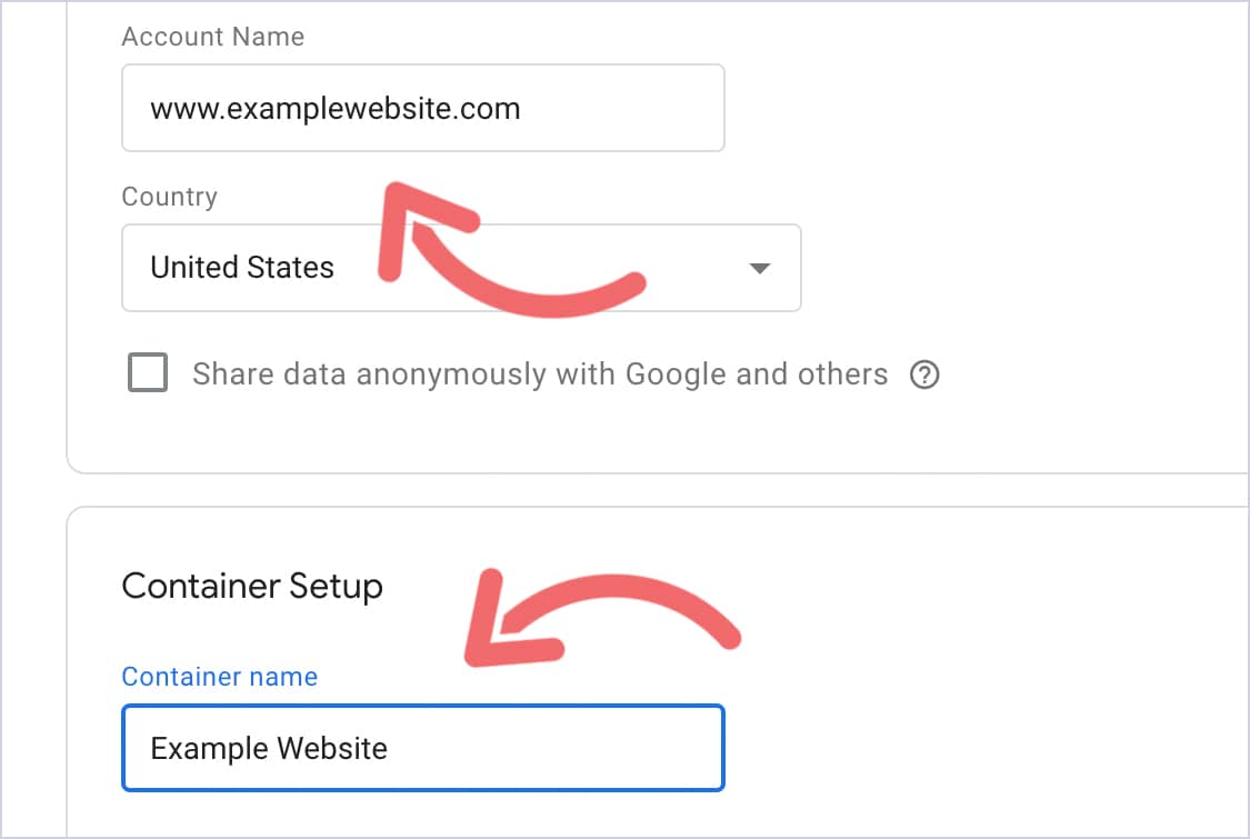 Google Tag Manager new account form showing Account Name, Country, and Container Setup fields.