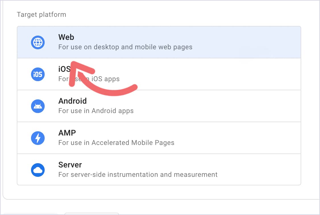 Google Tag Manager target platform list with the Web option selected.