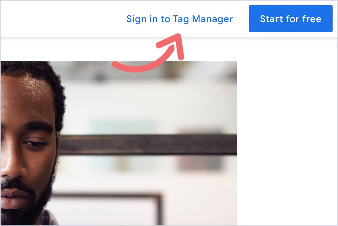 Google Tag Manager homepage with the Sign in to Tag Manager link highlighted.