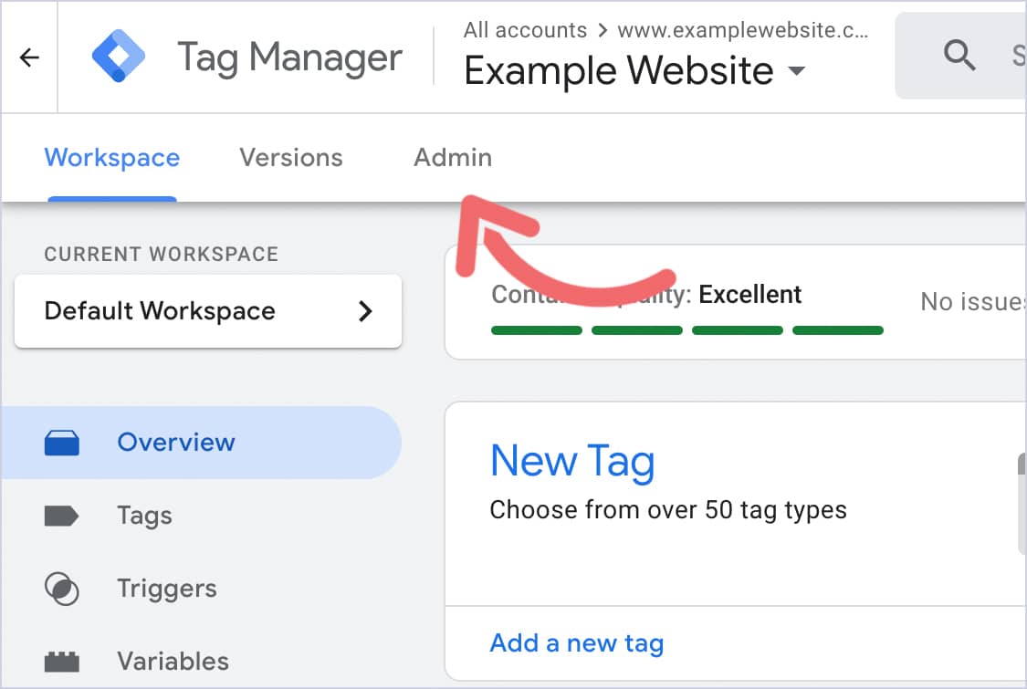 Google Tag Manager workspace with the Admin tab highlighted in the top navigation.