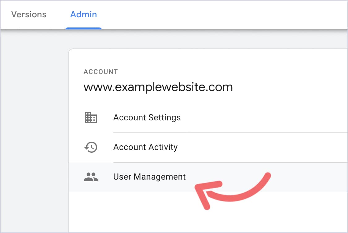 Google Tag Manager Admin account panel with the User Management option highlighted.