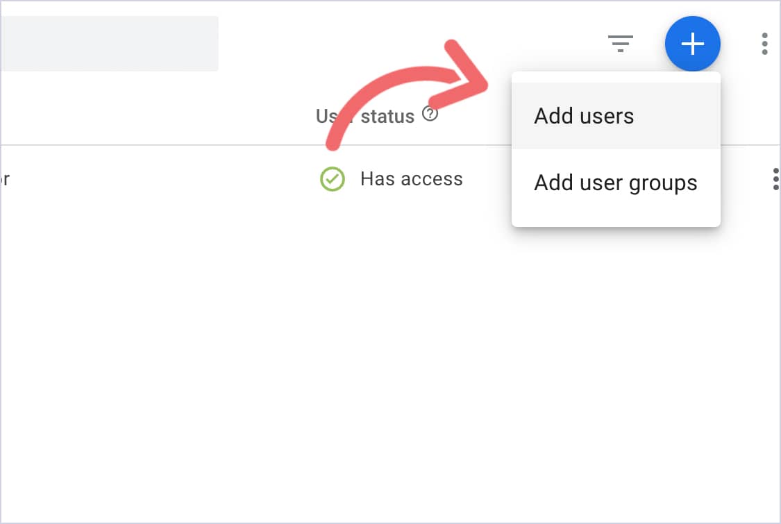Google Tag Manager User Management with the Add users option highlighted in the plus menu.