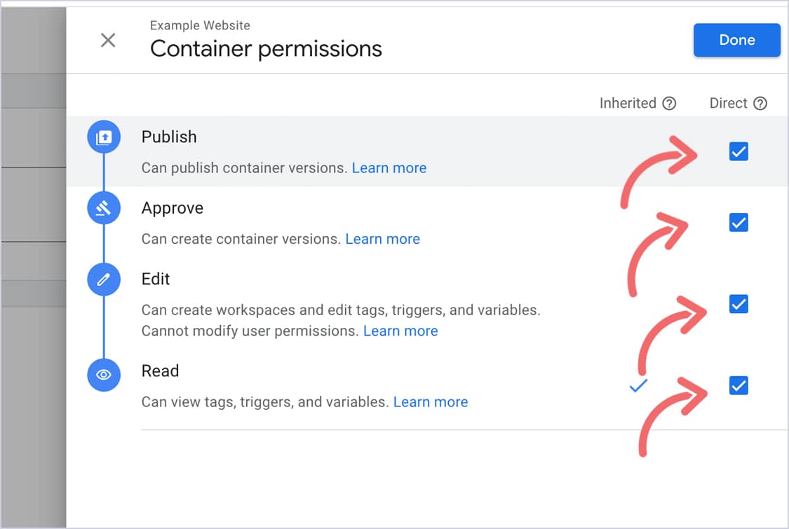 Google Tag Manager container permissions showing Publish, Approve, Edit, and Read checkboxes
