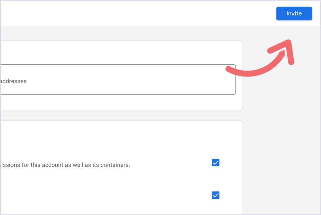 Google Tag Manager invite users form with the Invite button highlighted.