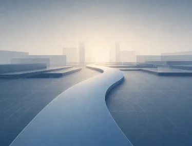 A luminous winding path crosses a blue architectural grid toward a bright modern skyline, symbolizing biotech websites guiding B2B buyers.
