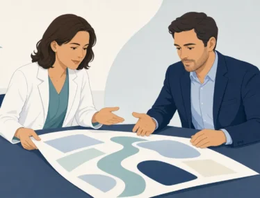 Two biotech professionals review a strategy document together, illustrating clear guidance on what to do and avoid in biotech SEO.