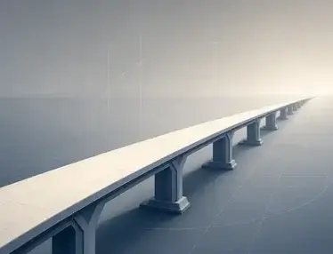 Luminous bridge with repeating supports stretches toward a pale horizon, symbolizing lasting referral partnerships and compounding agency growth.