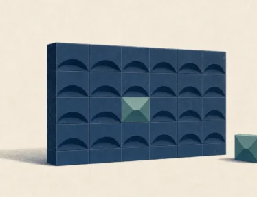 A dark blue modular wall has one teal cube highlighted and set apart, illustrating controlled conversion testing and website improvement.