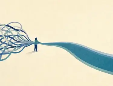 A simplified person stands where tangled blue strands merge into one smooth flowing path, symbolizing agency partners simplifying complex client needs.