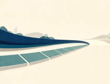 Two parallel blue and teal paths curve together toward a warm opening, symbolizing a website overhaul that keeps momentum moving.