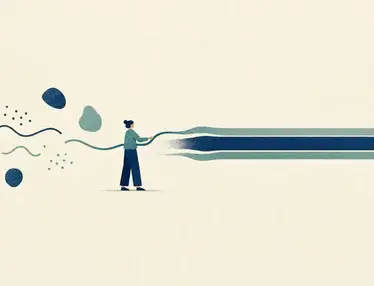 A small figure guides scattered signals into aligned bands, symbolizing a tech CMO building trust with a skeptical marketing team.
