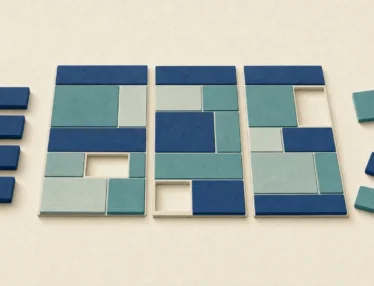 Top-down arrangement of blue and teal paper blocks forming three aligned panels, with loose pieces at the sides, illustrating an adaptable 90-day marketing