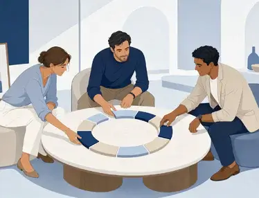 Three agency professionals arrange colored tiles into a circular pathway around a table, illustrating a referral engine built to generate ongoing introductions.