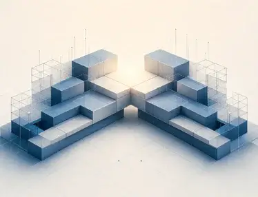 Two blue-gray modular structures meet and rise from a shared glowing center on an architectural grid, illustrating agency partners’ mutual growth.