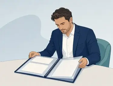 Illustrated professional reviews an open portfolio binder at a table, suggesting how to assess a reliable agency partner.