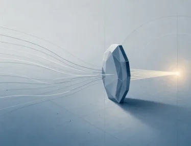Faceted lens concentrates flowing lines into a warm focal point, symbolizing focused digital change and buy-in in pharma leadership.
