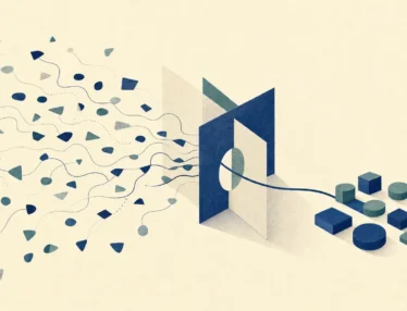 Abstract illustration of scattered signals narrowing through a geometric blue gateway into an organized path, symbolizing targeted LinkedIn advertising for