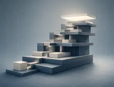 Steel-blue modular steps rise from one base to an illuminated upper platform, symbolizing a partner referral growing into a repeatable system.