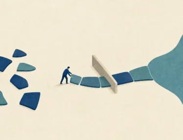A small figure arranges blue pathway pieces toward a threshold and open teal field, illustrating quick wins that build executive buy-in.
