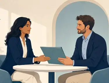 Two professionals discuss a laptop at a round table in a sunlit alcove, illustrating the trust and communication behind credible agency referrals.