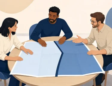 Three colleagues discuss a blank, divided website plan at a round table, illustrating what marketing teams can own before handing technical work to IT.