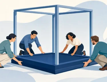 Four professionals aligning a blue foundation, symbolizing a CMO's first 100 days