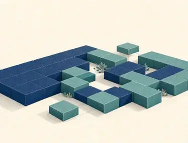 Blue and teal geometric blocks form a stable yet adaptable arrangement, illustrating the dos and don’ts of a healthy partner agreement.