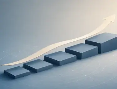 Five ascending steel-blue blocks and a sweeping white arrow suggest the first strategic question a new tech CMO should ask vendors.