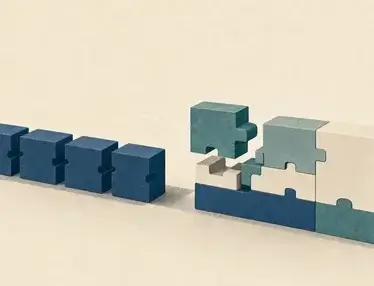 Blue modular blocks are reorganized into a stable teal-and-cream assembly, illustrating how partnership metrics can demonstrate value to leadership.