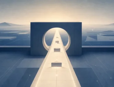 A luminous path crosses a blue geometric terrace toward a circular opening, symbolizing a CMO’s focused route to proving ROI.