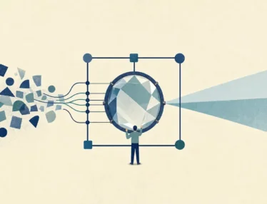 Illustration of scattered data shapes being focused through a lens into organized directional beams of light, symbolizing structured, AI-ready website content