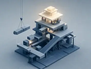 Geometric modular structure under construction, with a crane lifting a block and warm light on its top platform, symbolizing a biotech website partner that