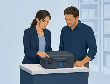 Two professionals inspect a sealed maintenance case at an operations counter, illustrating security and accountability for regulated industries.