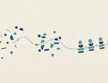 Abstract teal and navy fragments gather into orderly stacks, symbolizing website refresh projects.