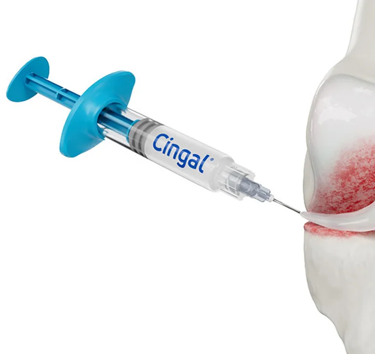 Cingal syringe product render at a knee joint