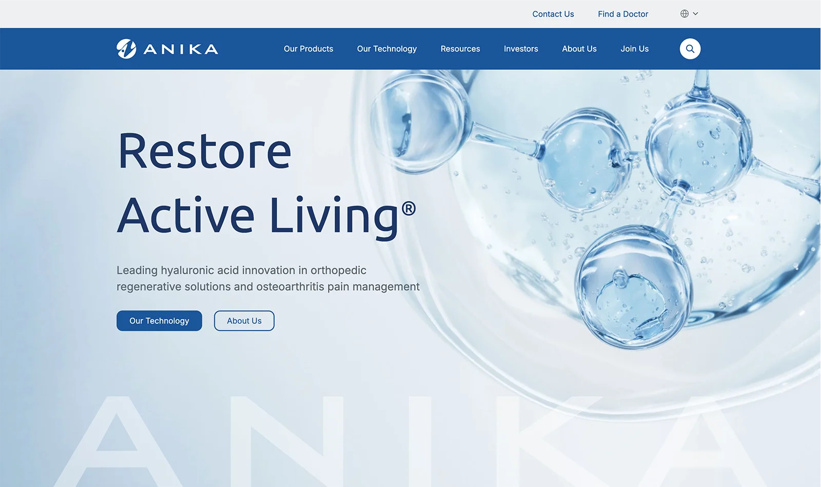 Redesigned anika.com homepage with the Restore Active Living hero