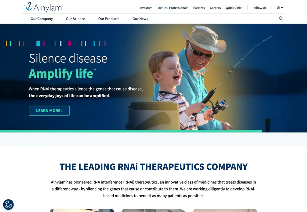 Alnylam Pharmaceuticals homepage with its Silence disease, Amplify life message