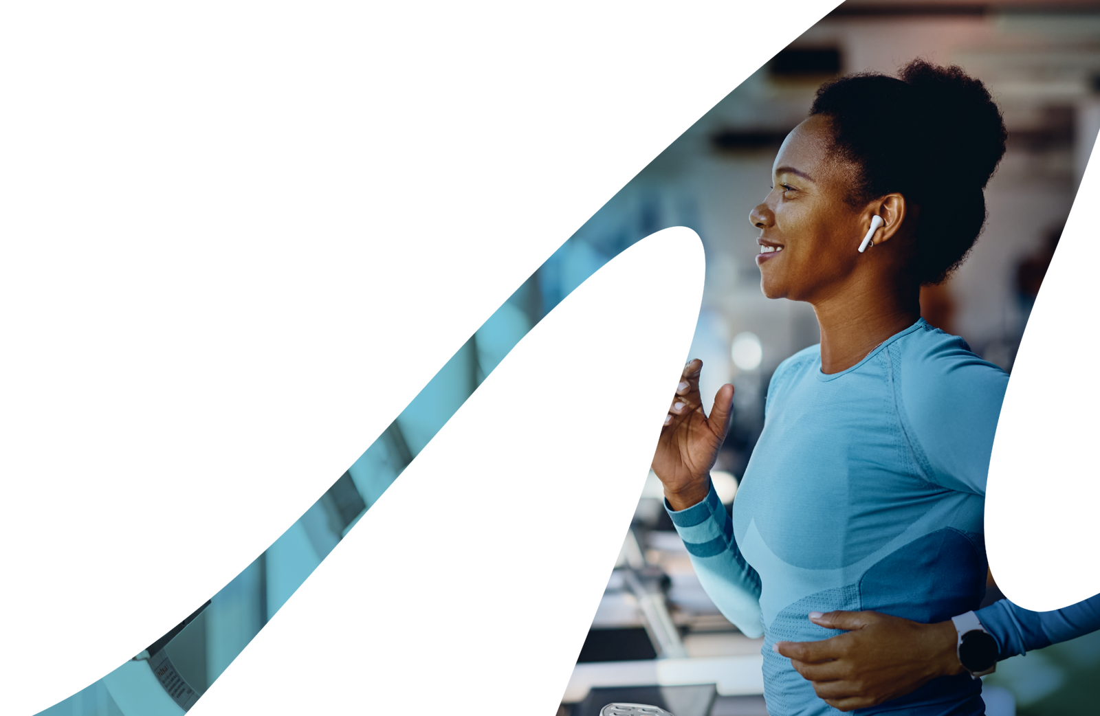 Woman running on a treadmill framed by the Anika brand ribbon