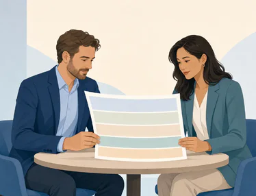 Two partners reviewing a five-section document, illustrating partnership evaluation